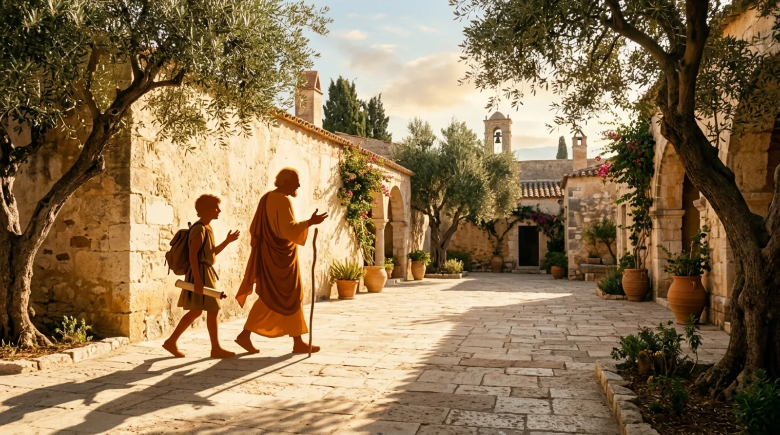 An older philosopher and a student walking in dialogue through a sunlit stone courtyard with olive trees