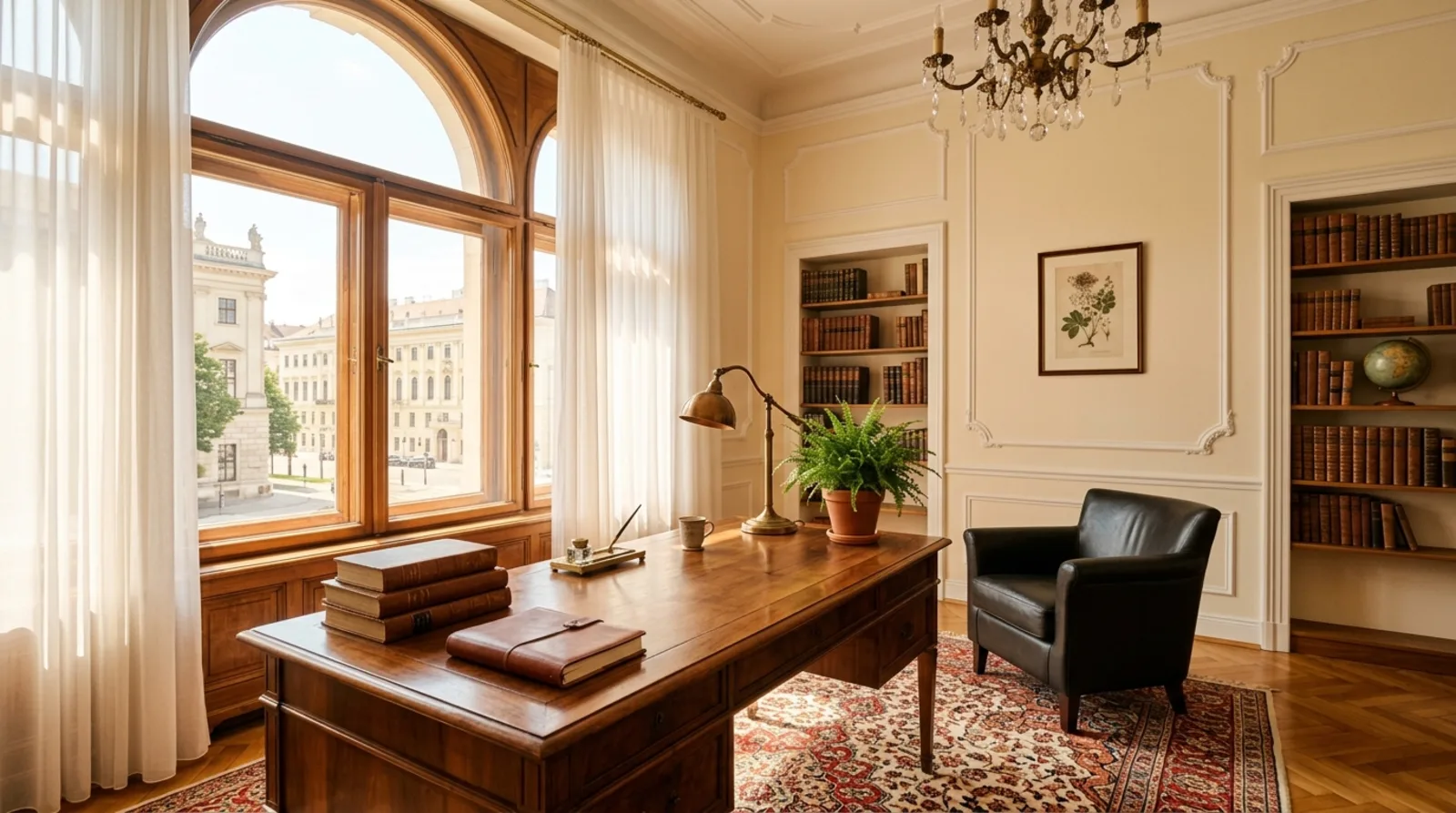 A bright Viennese study with tall sunlit windows, a wooden desk and shelves of books — where psychoanalysis was written