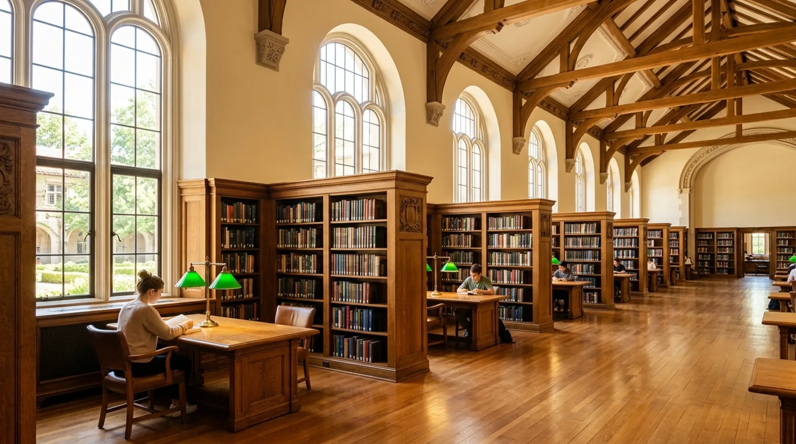 A grand sunlit university reading room with long wooden tables and green-shaded lamps
